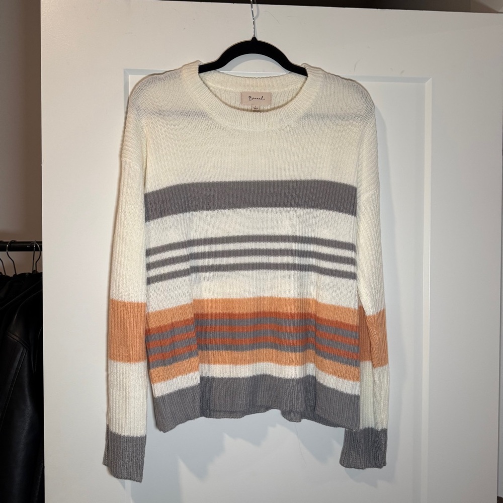 Striped Crew Neck Sweater in Cream, Gray, and Orange